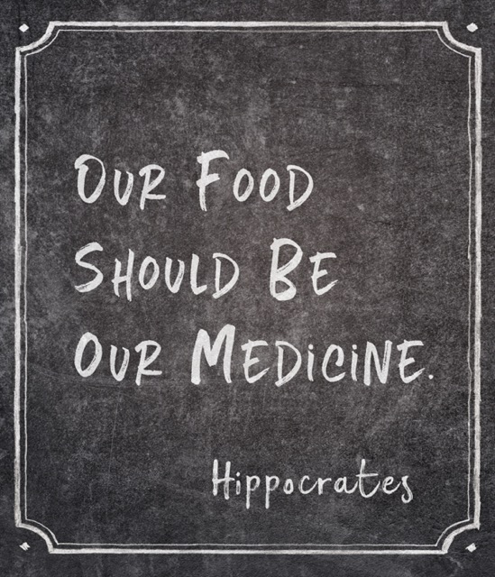 Our food should be our medicine - famous ancient Greek physician Hippocrates quote written on framed chalkboard