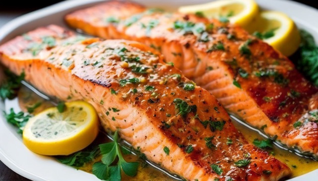 Pan seared salmon with herbs and lemon slices. Delicious home cooked meal nutritious whole food source of proteine and Omega 3 fatty acid