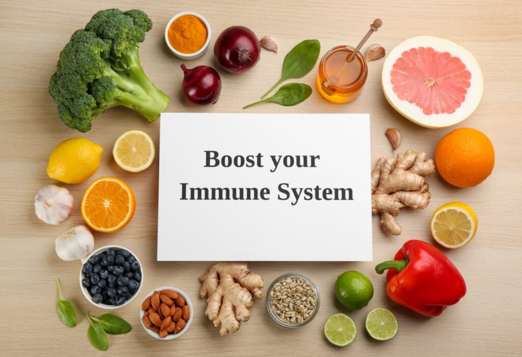 Card with phrase Boost Your Immune System and fresh products on wooden table.