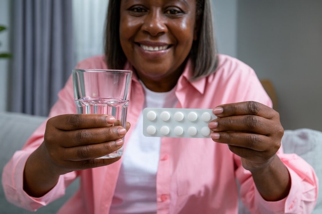 A woman holding hormone replacement therapy pills and a glass of water.