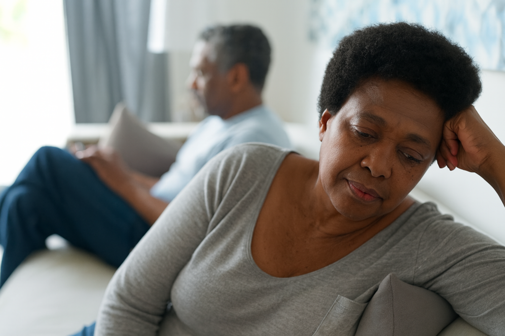 A man looking away from each other in frustation about menopause.