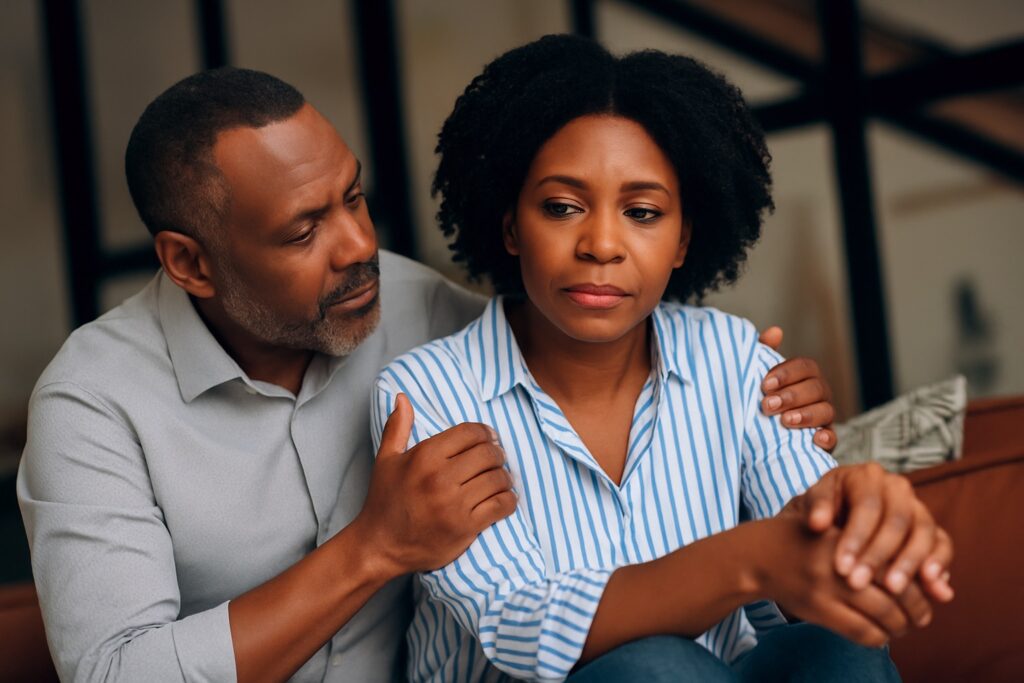 Black couple discussing menopause