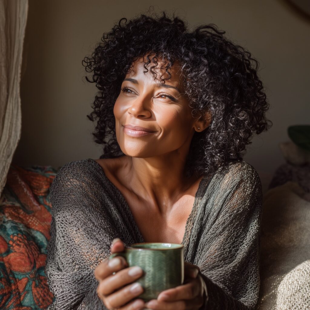 Confident middle-aged woman relaxing, enjoying a beverage while practicing menopause self-care.