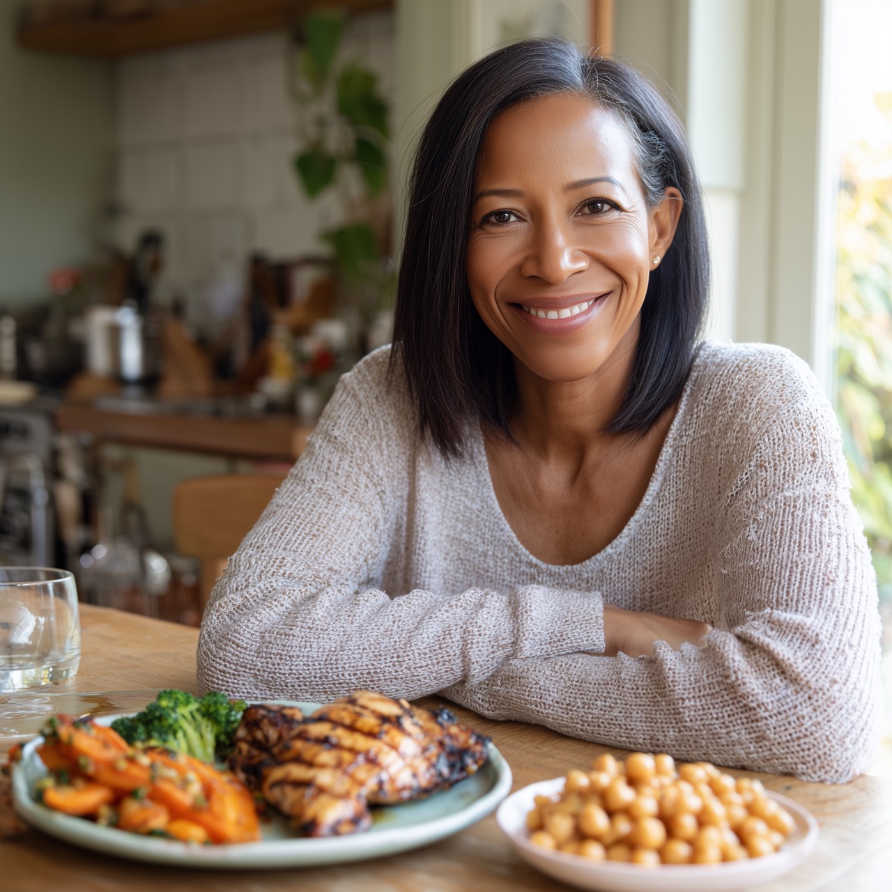 Healthy menopause self-care meal with colorful vegetables and protein.