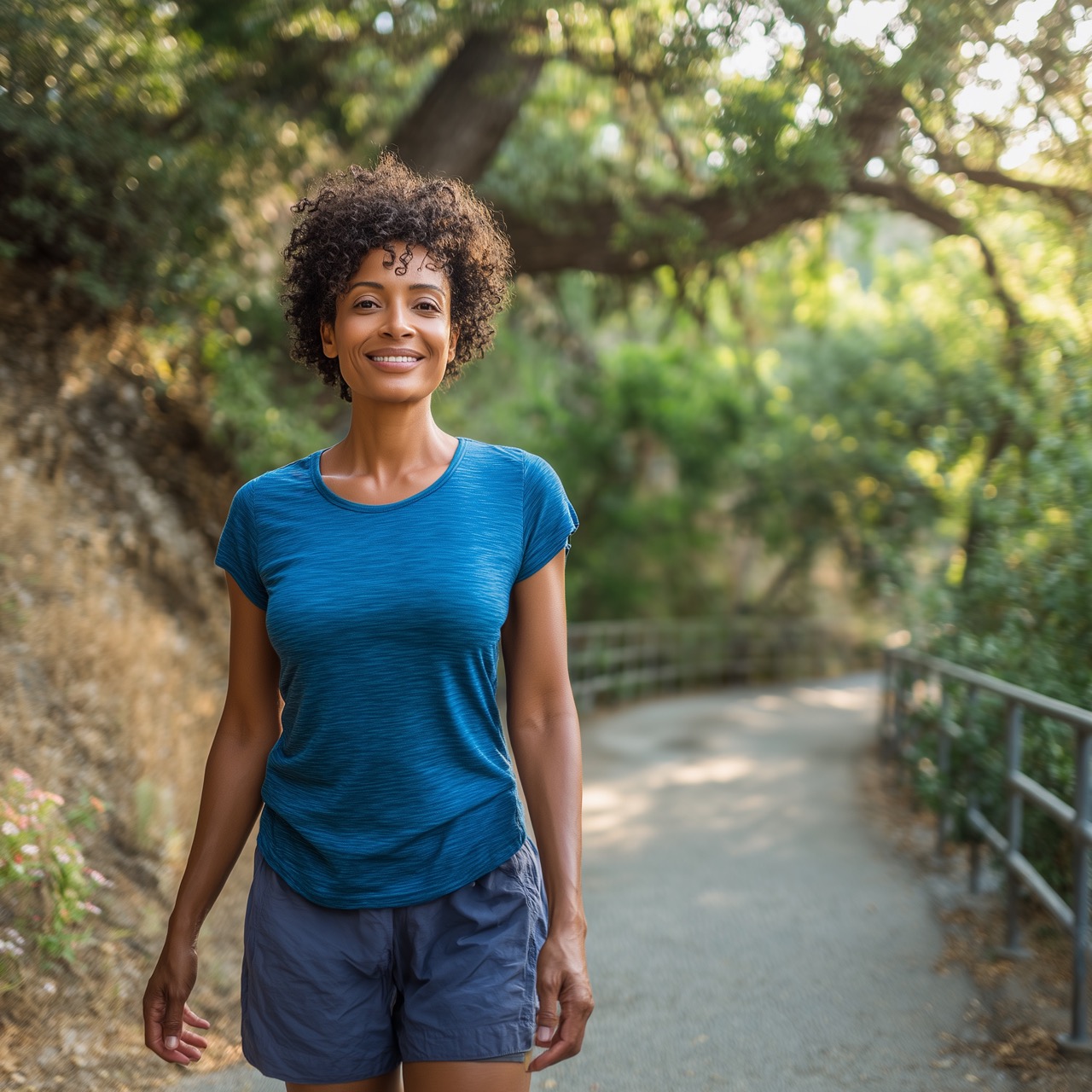 Woman walking on a trail to support menopause wellness.