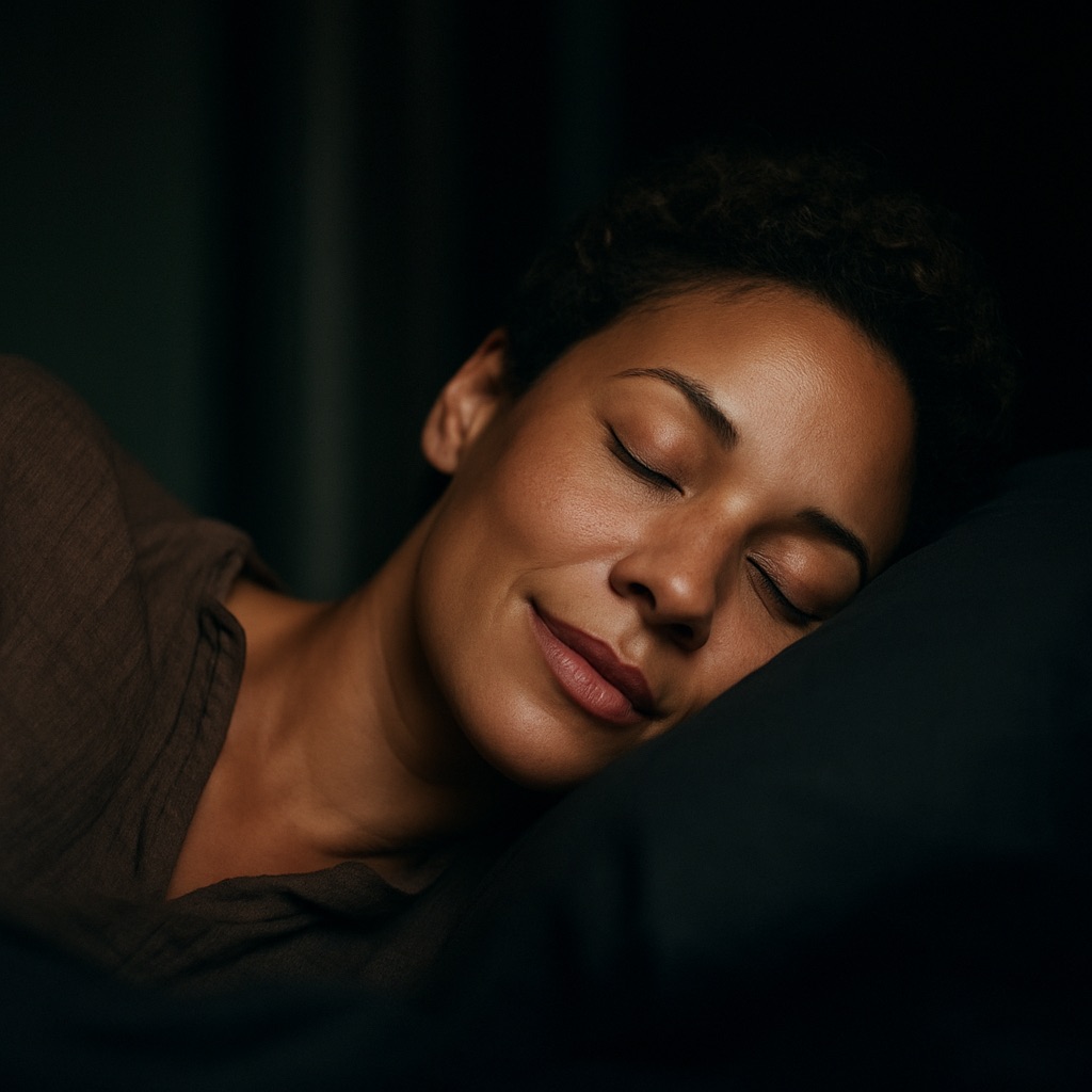 Peaceful woman preparing for sleep as part of menopause self-care routine.
