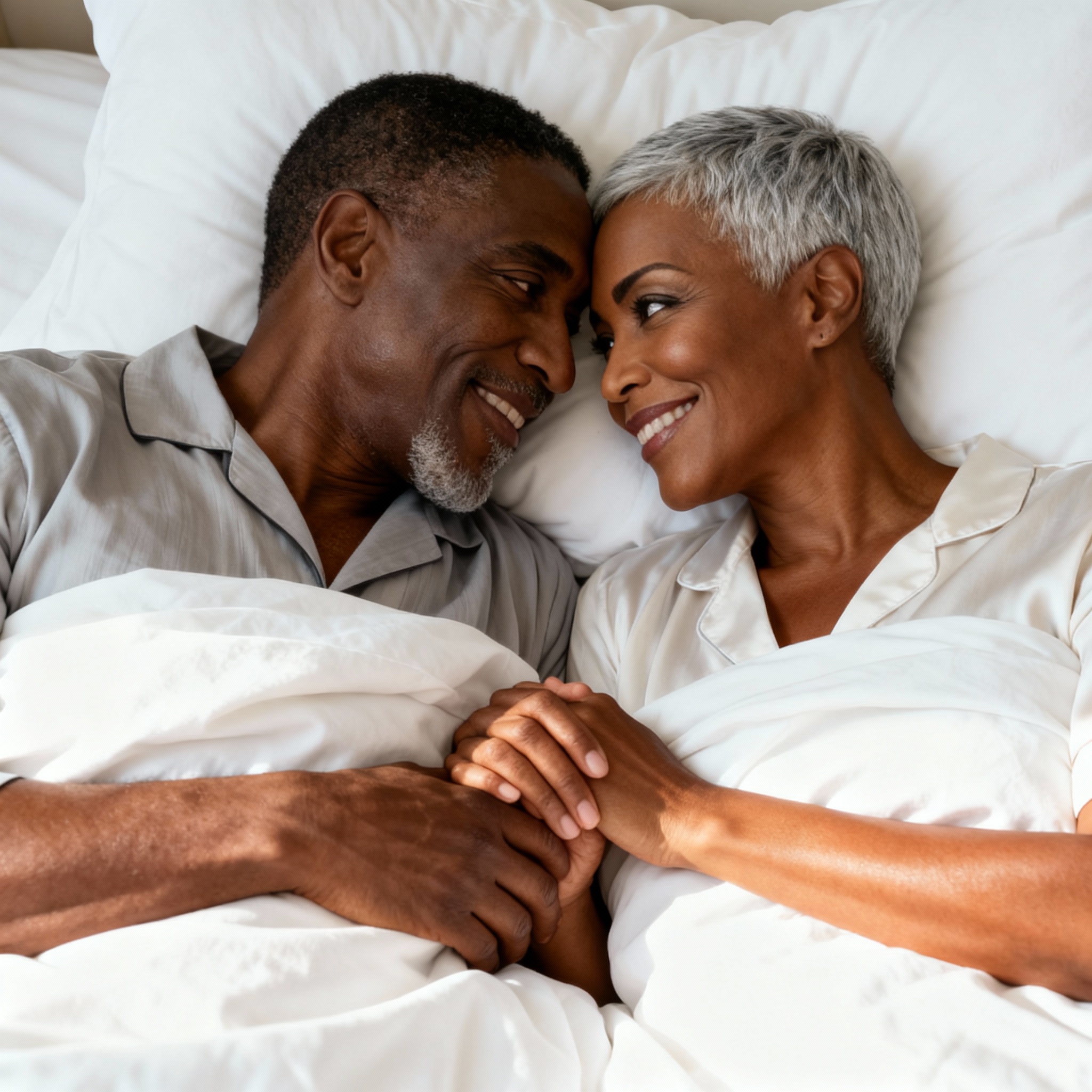 A woman and man lying in bed experiencing no sexual touch.