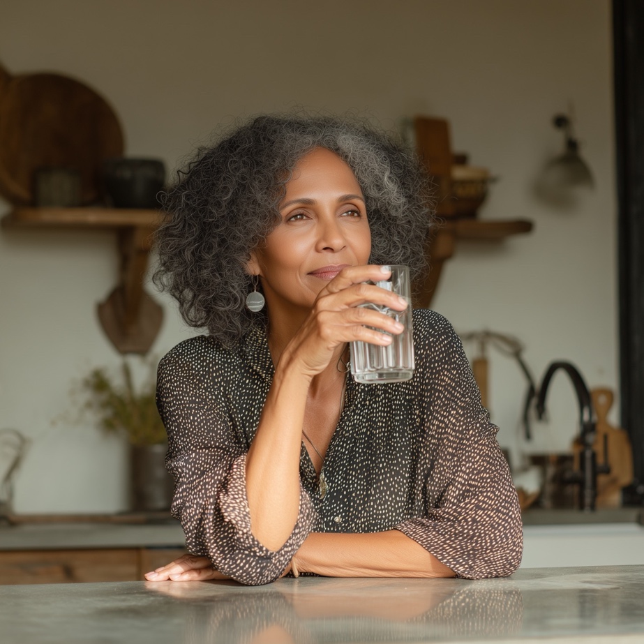 Mature woman drinking a glass of water at home, highlighting the importance of hydration for healthy skin during menopause