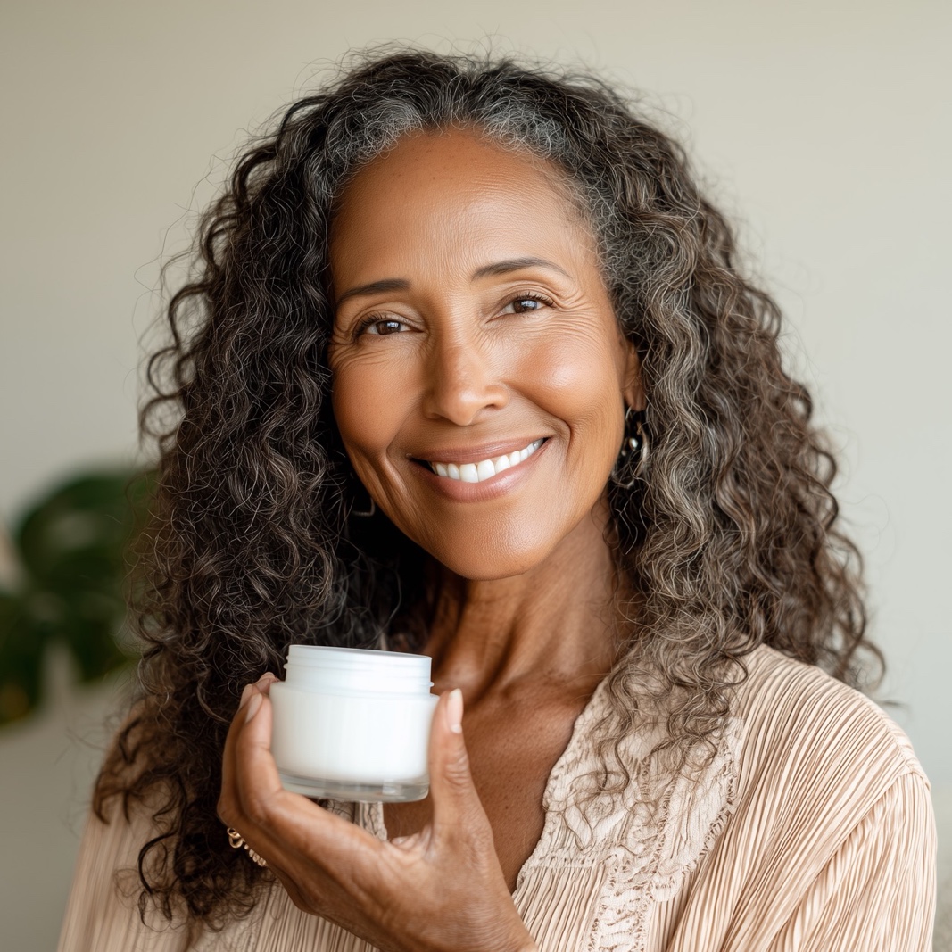 Smiling mature woman holding a moisturizer jar, representing hydration and skincare support for healthy skin during menopause