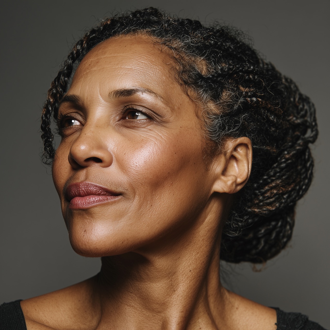 Confident mature woman with healthy, glowing skin, representing a consistent skincare routine that supports skin health during menopause