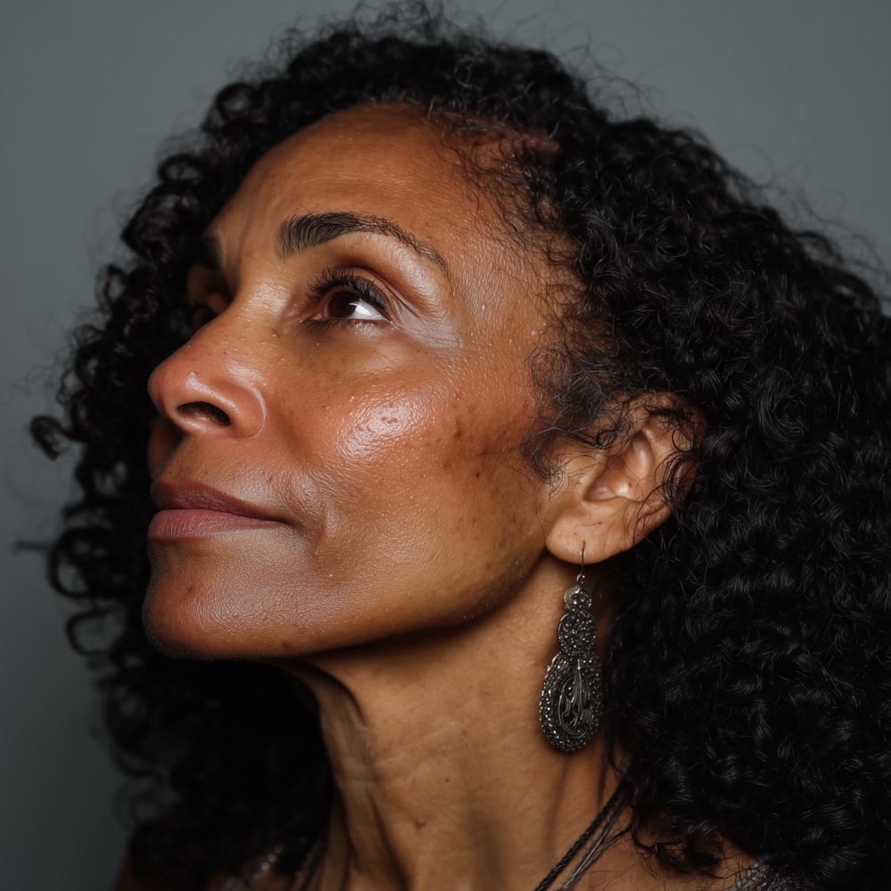 Woman with visible dark spots and adult acne on the cheek, illustrating hormonal skin changes associated with menopause