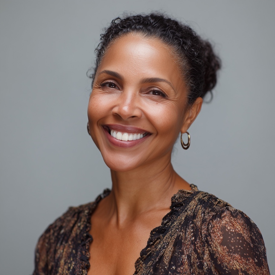 Smiling mature woman with smooth, radiant skin, representing healthy aging and effective skincare during menopause