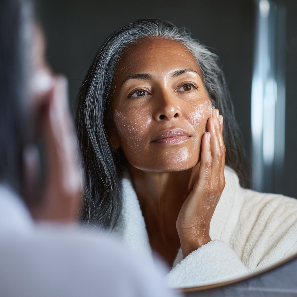Mature woman gently exfoliating her face while looking in a mirror, supporting skin renewal and radiance during menopause