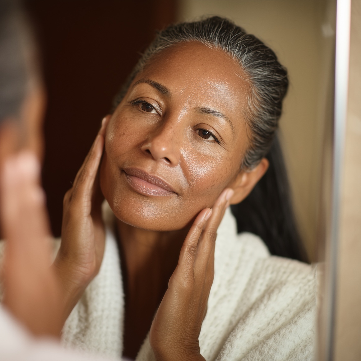 Mature woman gently touching her face while looking in a mirror, reflecting healthy skin care and self-care during menopause