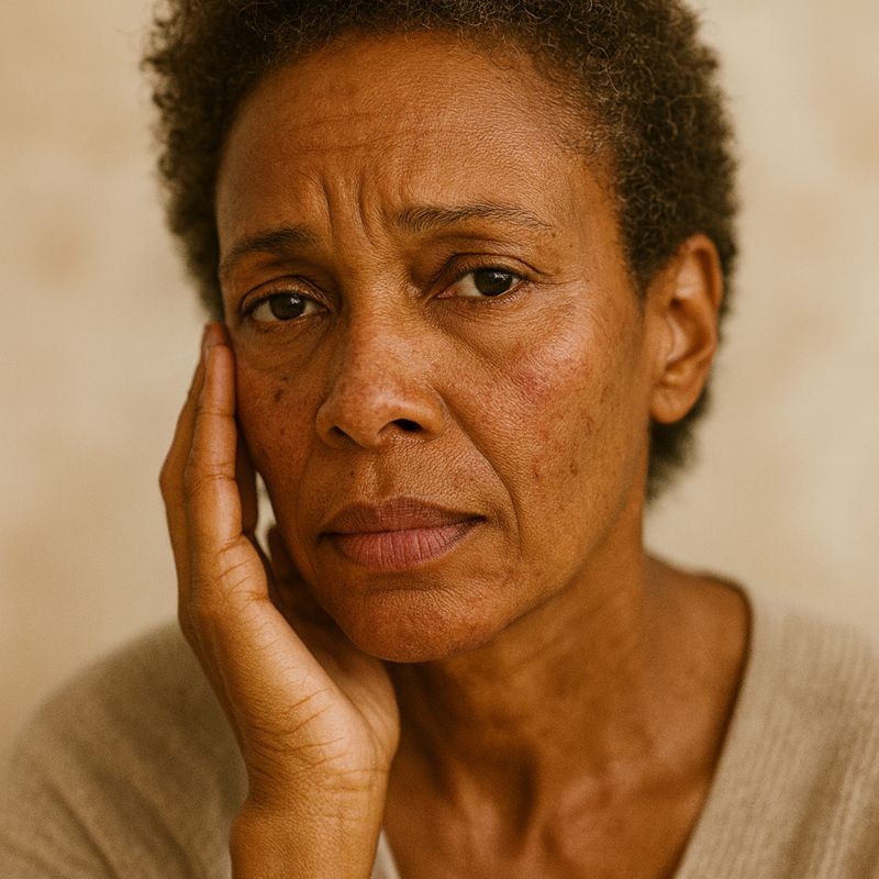 Mature woman with dry, tight facial skin and visible texture, illustrating common menopause-related skin dryness and sensitivity