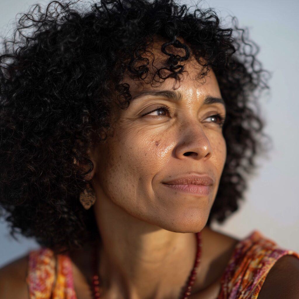 Woman in her 40s touching her face with healthy, glowing skin, representing menopause skin changes