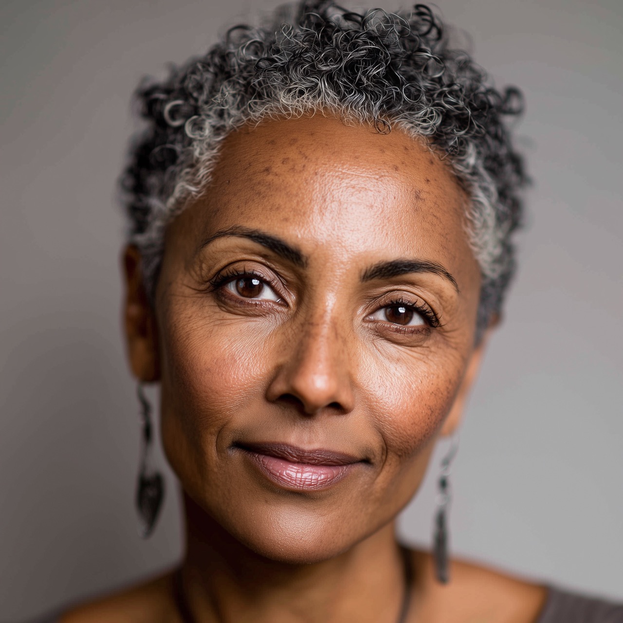 Portrait of a mature woman with natural gray hair and visible skin texture, representing healthy aging and menopause-related skin changes