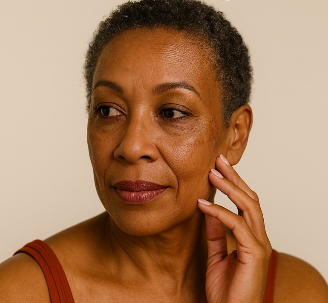 Mature woman touching her face with visible fine lines and reduced skin firmness, illustrating collagen loss during menopause